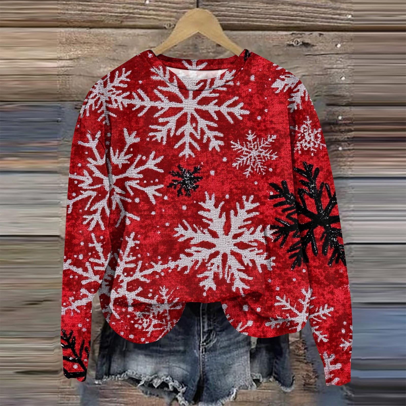 Женская мода круглый вырез пуловер длинный рукав футболка рождественский принт топ — фото 5