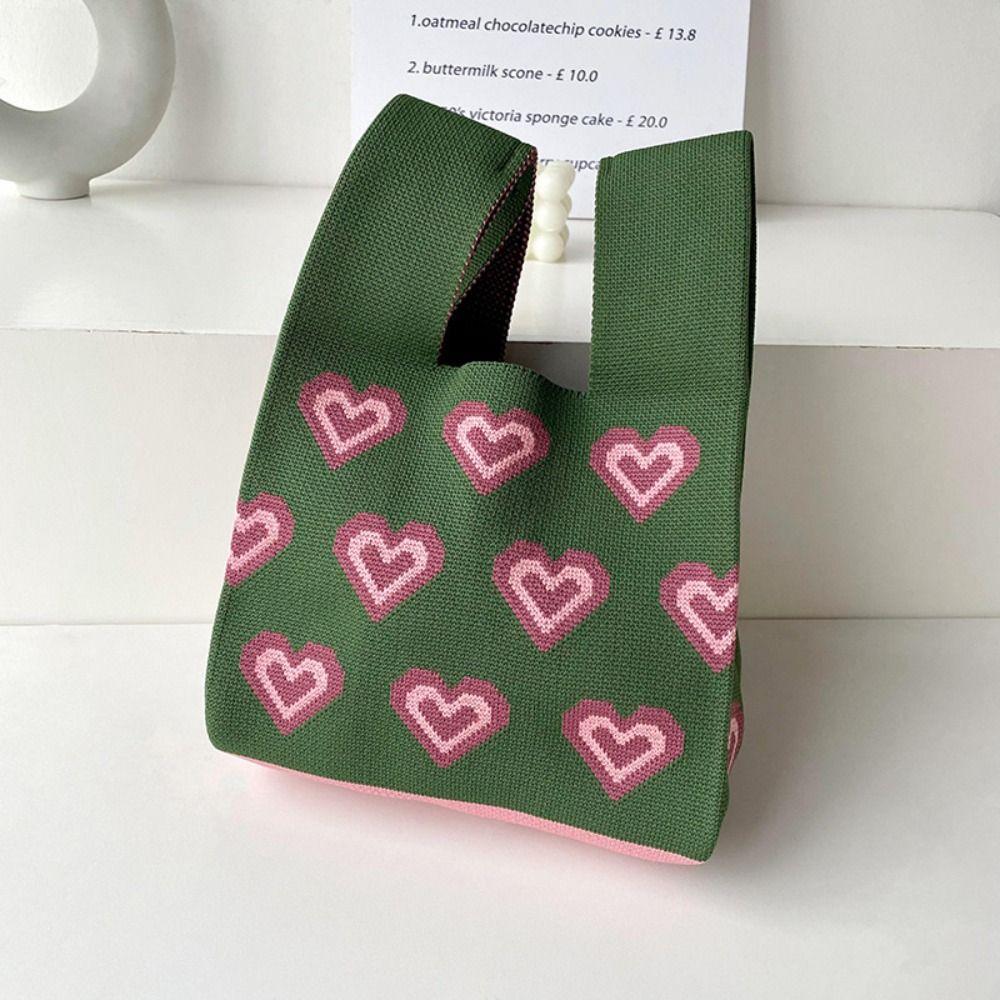 Women Girls Reusable Knit Handbag Heart Flower Wrist Bag Handmade Knot Tote Bag Shopping Bags Outdoor Casual Accessories