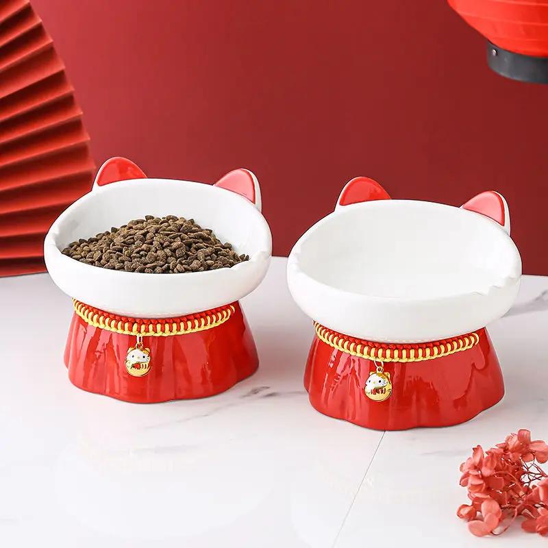 Creative Cartoon Cute Ear Shape Ceramic Drinking Water Eating Food Neck Protection Anti Overturning High Foot Cats Dog Bowl, 1Pc
