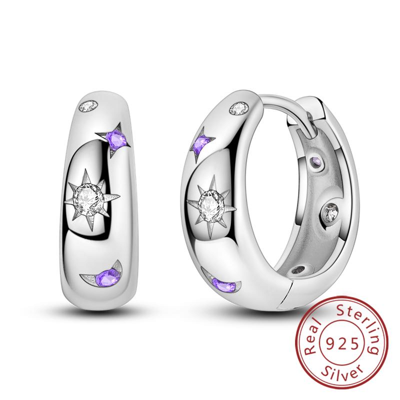 New Original 925 Silver Hoop Earrings Purple Zircon Flowers Butterflies Studs Earring For Women Wedding Engagement Gift