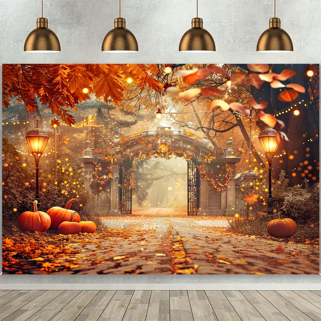 Polyester Fall Photography Background with Fall Maple Leaf Pumpkin Design for Thanksgiving Parties Weddings Birthdays