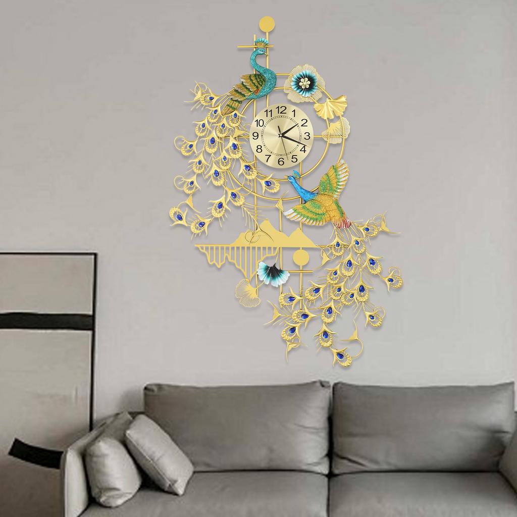 Large Peacock Iron Wall Clock,Gold Blue Art Wall Clocks 80*120cm Wall-mounted for Kitchen,Dining Room