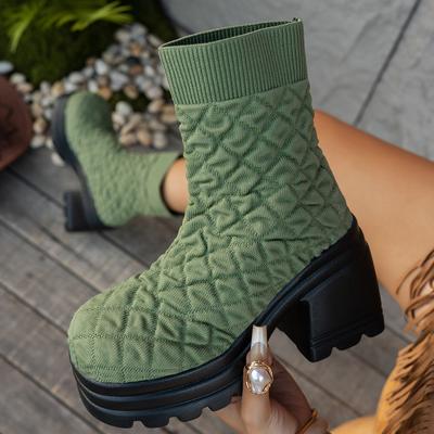 Fashion Women Knitting Chunky Boots 2025 Winter Autumn Outdoor Ankle Boots New Fashion Platform Slip On Square Heel Shoes Botas De Mujer