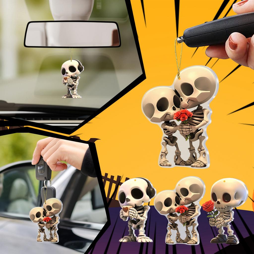 Car Mirror Hanging Skulls, 2D Acrylic Skulls Couple Halloween Car Ornaments, Funny Skeleton Pendant Ornaments Auto Rearview Mirror Decoration