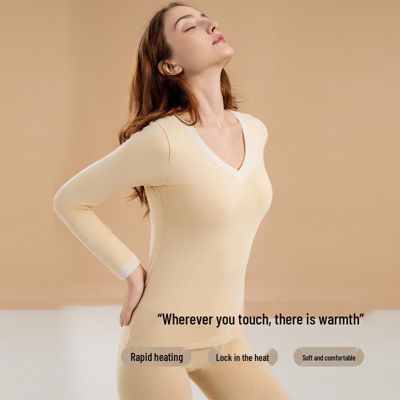 Women's V-Neck Pure Cotton Warm Base Layer Set - Autumn/Winter
