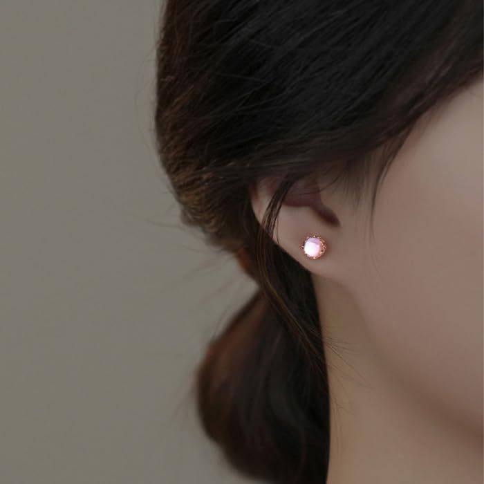 Women's Synthetic Moonstone Earrings, June Birthstone, Single Power Stone, Hypoallergenic, Silver 925, Pink Gold, Simple, Gift for Her