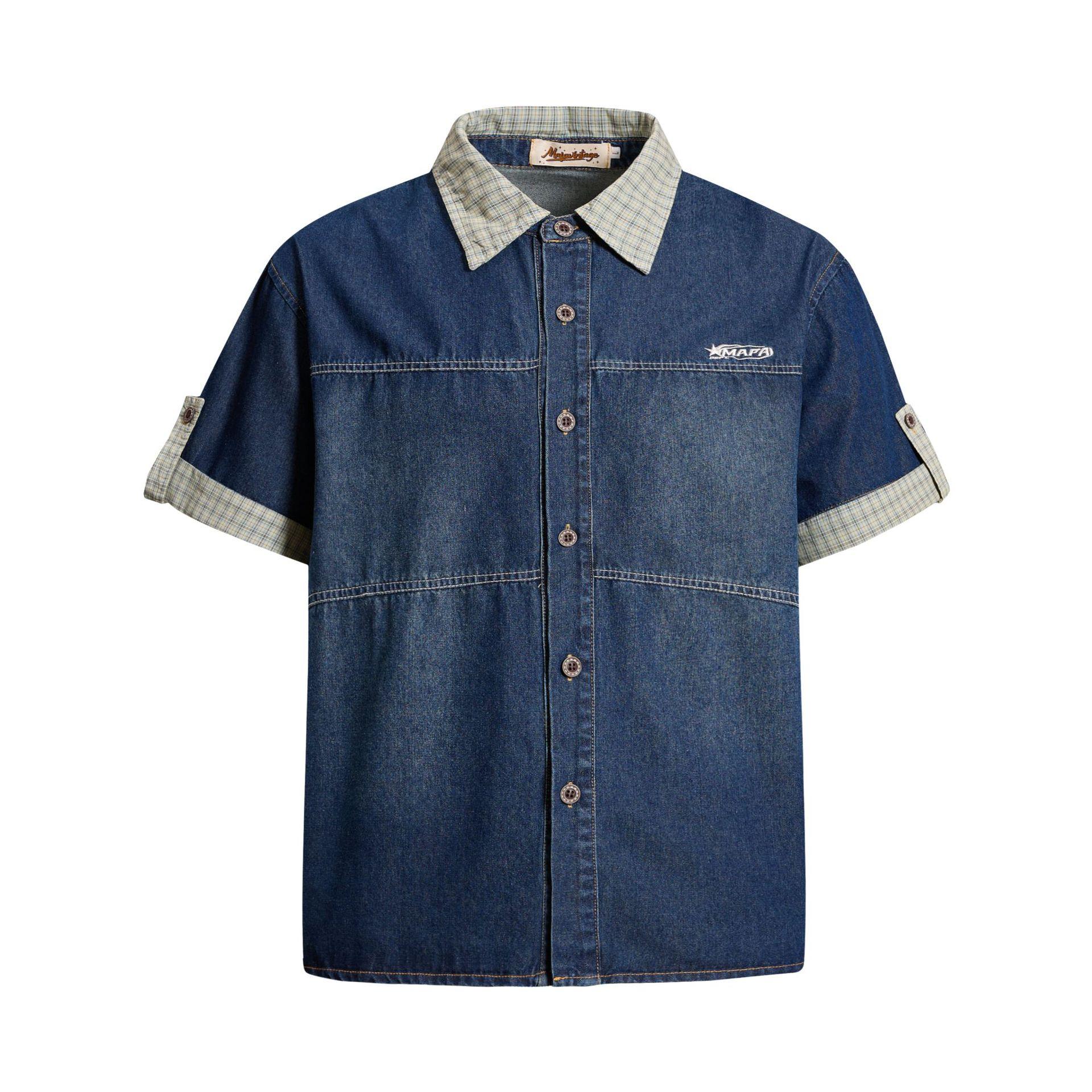 American retro washed denim shirt summer short-sleeved versatile fake two-piece tooling shirt M