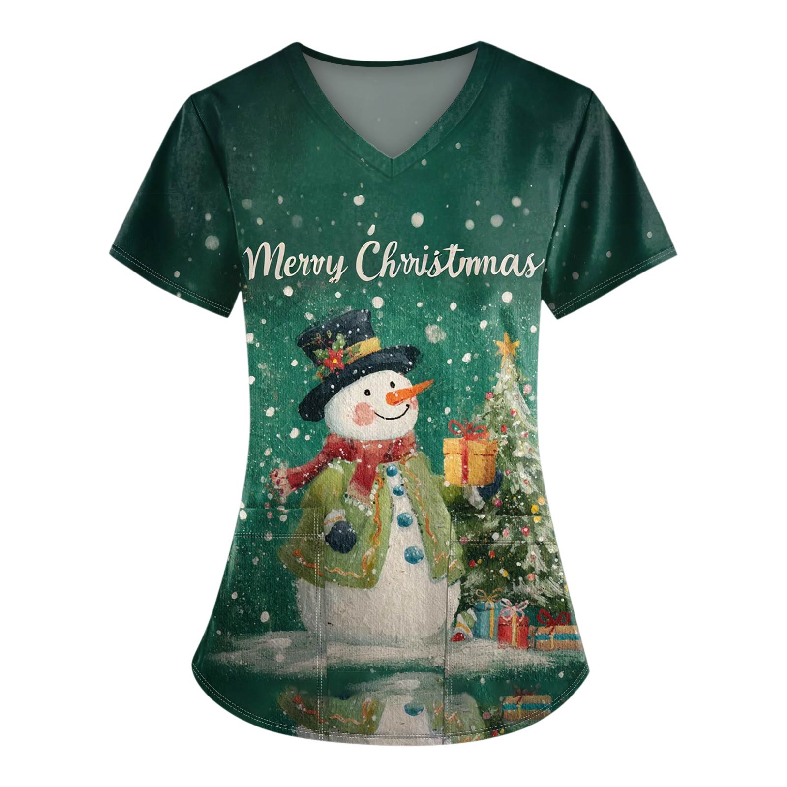

Женская модная футболка с V-образным вырезом, карманом, коротким рукавом и принтом рождественской елки для сиделки M