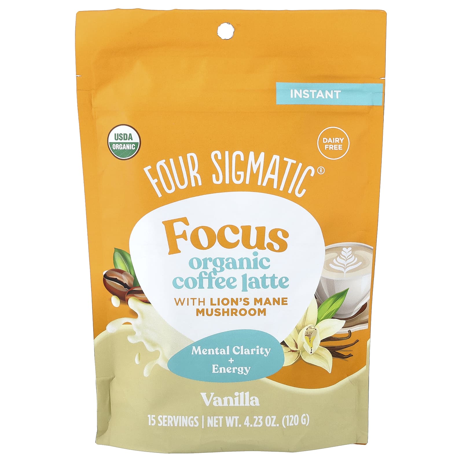 

Four Sigmatic, Focus, Organic Instant Coffee Latte with Reishi Mushroom, Vanilla, 120g (4.23oz)