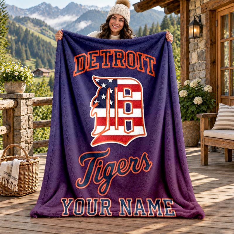 Detroit Tigers Custom Name Flannel Blanket Personalized Soft Warm Plush Throw Blanket Customized Gift for Family Friends