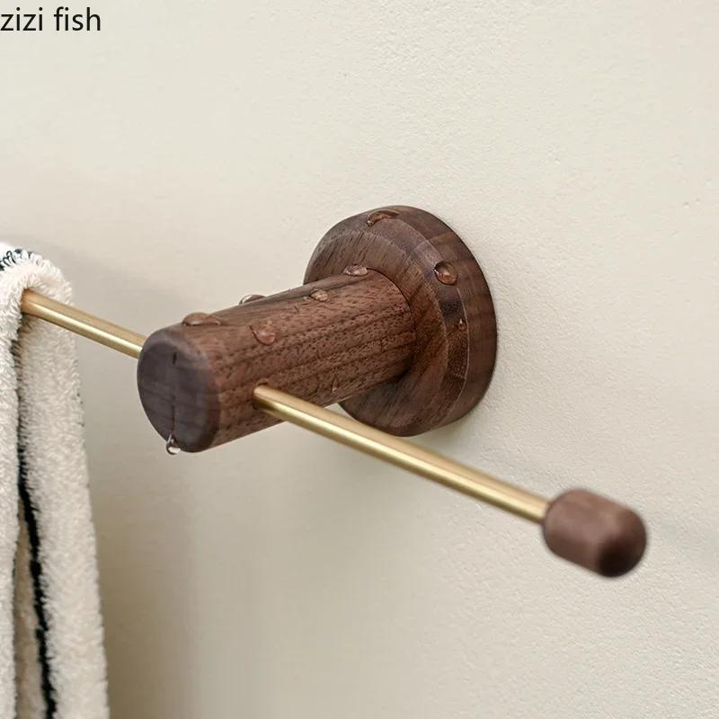 Walnut Wood Metal Towel Rack Bathroom Wall Mounted Storage Rack Wall Shelf Portability Towel Rack Storage Organizer Clothes Hook