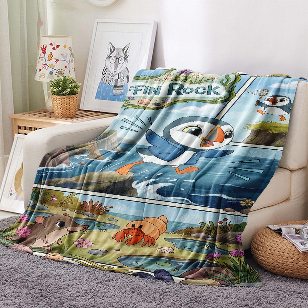 1PC Puffin Rock Joy Blanket, High quality Comfortable for All Seasons, Home Decor, Warmth and Comfort