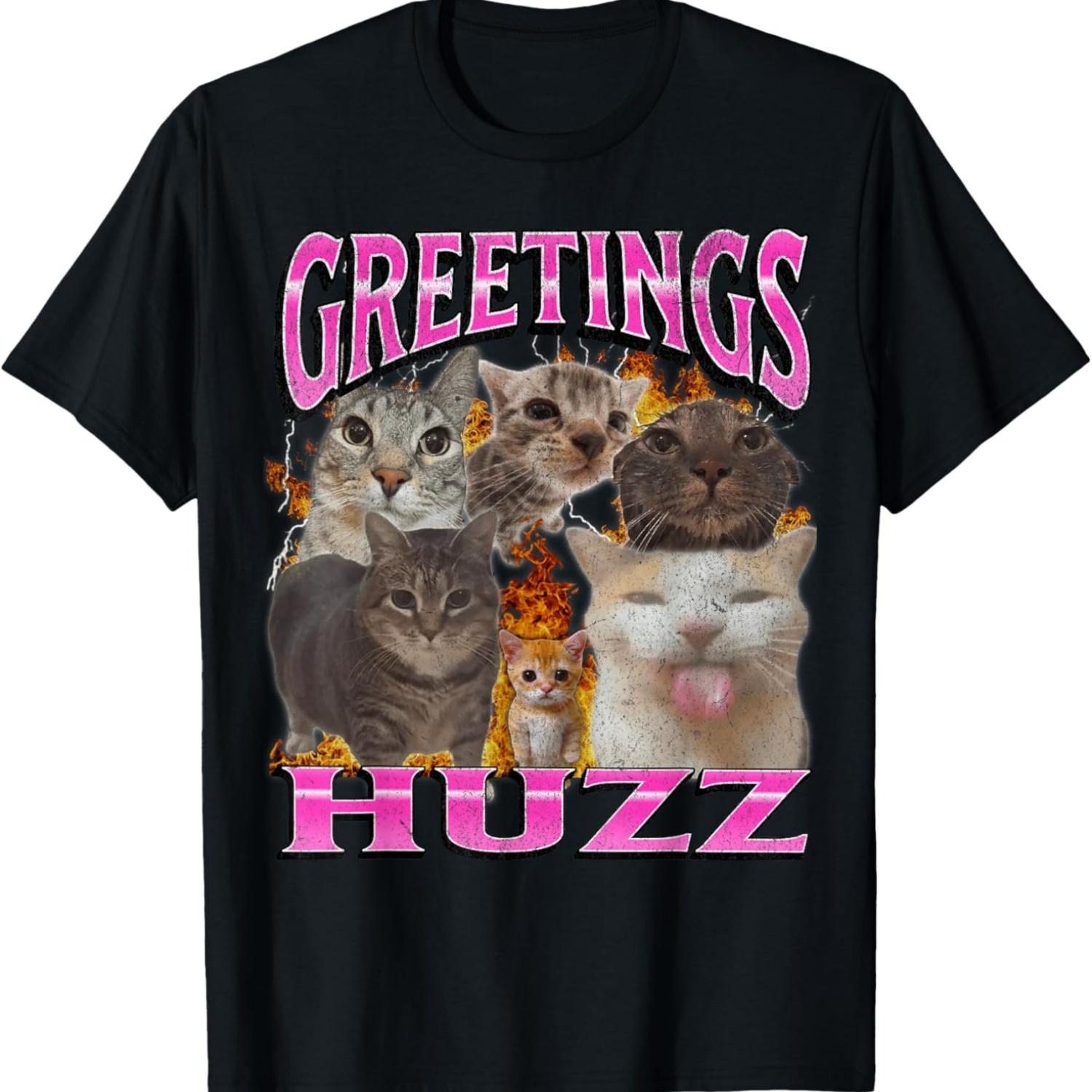 Greetings Huzz Funny Cat Meme Bootleg Graphic Men Women T-Shirt S чёрный