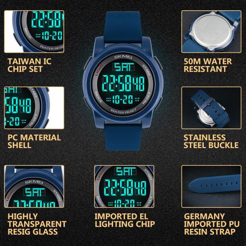 Men's Digital Watch with LED Display, Large Face, Military 5 ATM Waterproof, Calendar, Sports Stopwatch, Backlight, Countdown, Luminous Alarm Clock, C