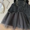 Girls' Summer Set Korean Denim Mesh Dress+vest Princess Two-piece Set Trendy
