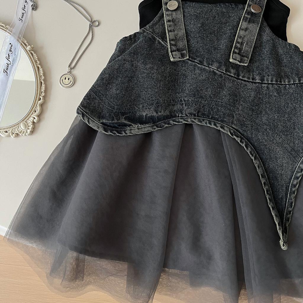 Girls' Summer Set Korean Denim Mesh Dress+vest Princess Two-piece Set Trendy