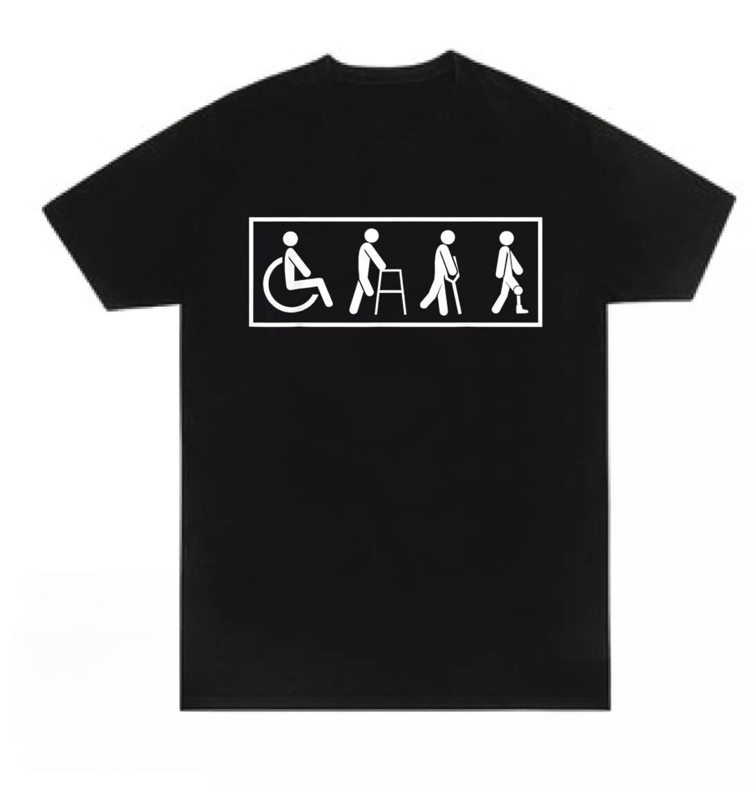 

Leg Amputee Prosthetic limb surgery wheelchair interesting graphics men and women black Tshirts retro Harajuku shirts S