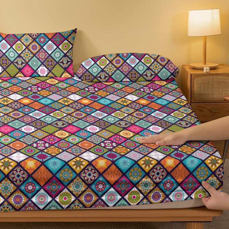 1 Cearșaf de pat mat cu model boem, Cuvertură de pat imprimată pentru dormitor, Lenjerie de pat (Excluzând fetele de pernă)