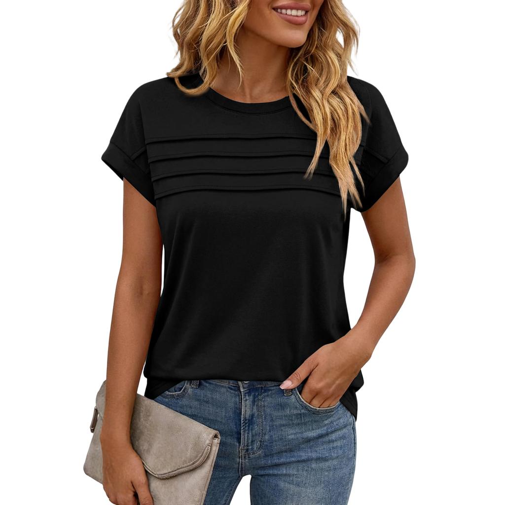 Women's Casual Top Monochrome Pleated Top Round Neck Short Sleeved Shirt