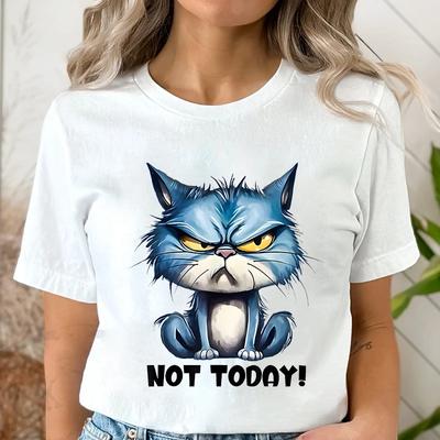Lustige Katze Sarkastische Antisoziale Einstellung Druck T-Shirts für Frauen Wütende Katze T-Shirts Heute nicht Introvertiertes Damen-T-Shirt Femme