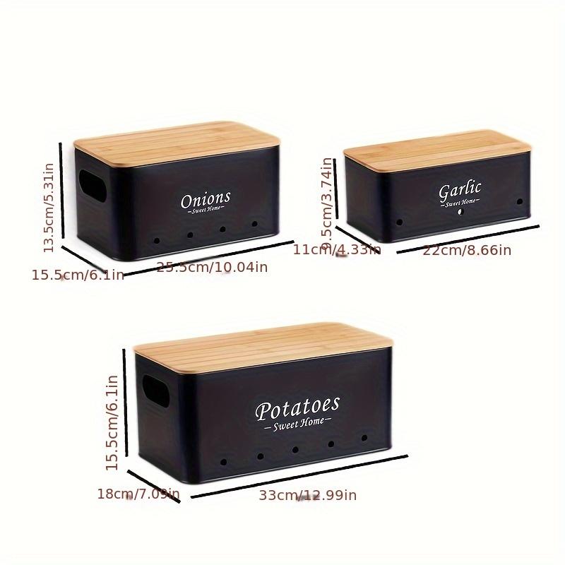 3 buc. Recipient metalic pentru depozitarea alimentelor, cu capac din lemn, ideal pentru ceapă, usturoi, ghimbir, cartofi, roșii.