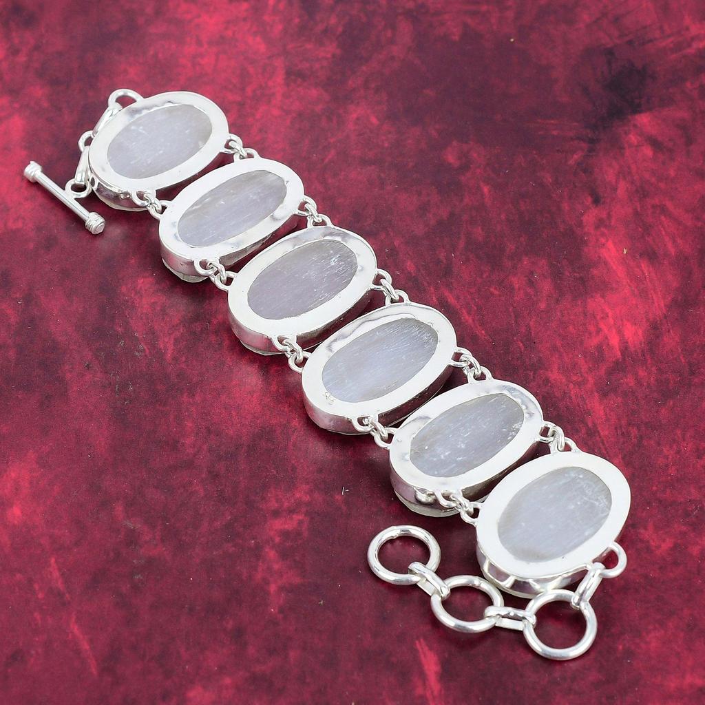 Selenite Druzy 925 Solid Sterling Silver Bracelet with Adjustable Chain, Handmade Gemstone Jewelry Bracelet For Memorial Day