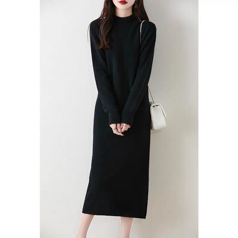 Pullover Casual Half-high Neck Solid Color Long Cashmere Sweater Dress for Women's Autumn and Winter New Knitted Straight Long Skirt
