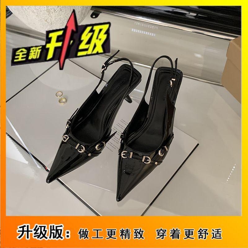 Rivet patent leather thin heel one-word buckle fashion sandals women's 2025 early spring design sense niche celebrity style high heels