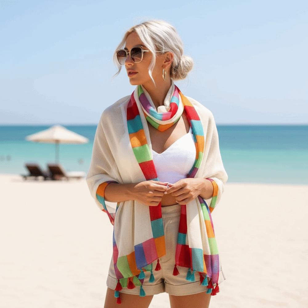 Rainbow-Border Summer Shawl Tasseled Beach Wrap Neck Wrap Sunscreen Sarong  Fashionistas