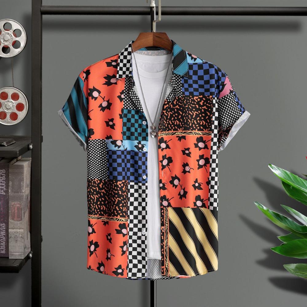 2025 Hawaiian Shirt Men's Fashion Floral Geometric Print Blouse Single-breasted Beach Short-sleeved Blouse Men's Vacation Clothing
