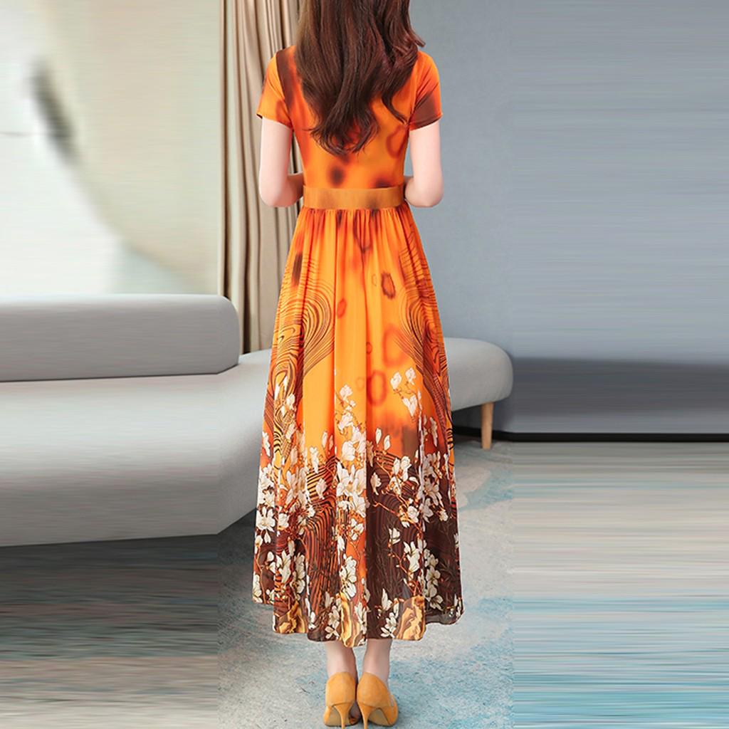 Women Fashion Summer Lady Elegant Short Sleeve Retro Printing Dress