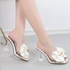 Sandalias de tacón alto transparentes con punta cuadrada y lazo elegante para mujer, sandalias de fiesta con cristales
