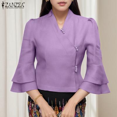 Жіноча повсякденна блузка з V-подібним вирізом, рукавом 3/4, розкльошена, вільного крою, однотонна