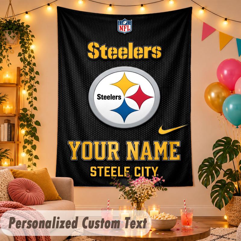 Pittsburgh Steelers Personalized Wall Tapestry Custom Name Text Polyester Hanging Decor Home Room