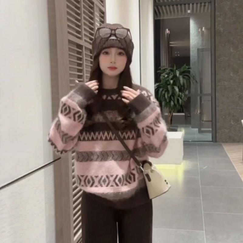 Korean Retro Crew Neck Fair Isle Sweater Women Loose Thick Knit Top Fall Winter