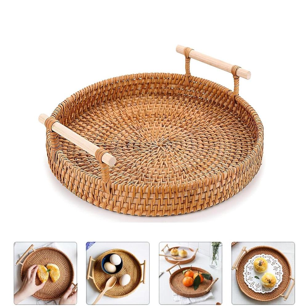 Rattan Food Serving Basket with Handles Hand Woven Bread Fruit Storage Tray Home Decorative Tray for Coffee Table Kitchen Dining