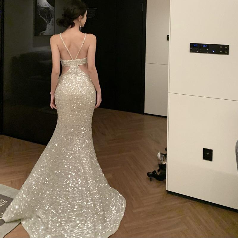 Sexy Evening Dress Women's High-end Heavy Industry Sequined Fishtail Dress Design Waist Dress
