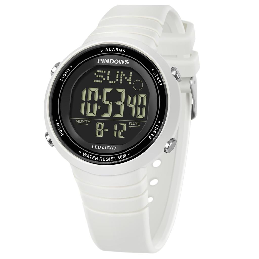 PINDOWS Digital Sports 30m LED 3 Countdown and Calendar for an Active Lifestyle Women's Watch, Waterproof, Backlight, Alarms, Stopwatch, Timer,