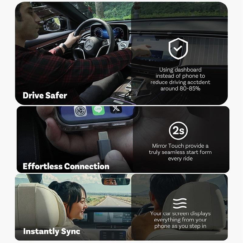 Wireless Car Adapter for CarPlay, MirrorTouch Two-Way Control, Plug & Play, for In-Car Multimedia Systems