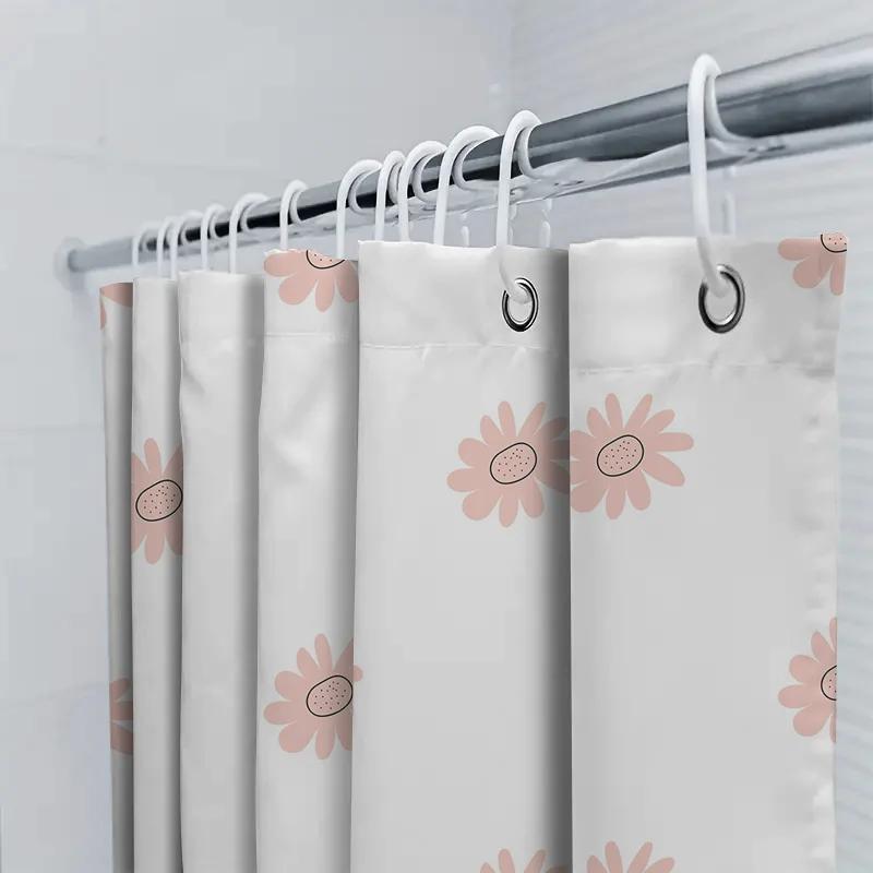 Modern Flower Print Shower Curtain Waterproof Bath Decoration For Home Decor White Floral Pattern 180X245Cm (Pink)
