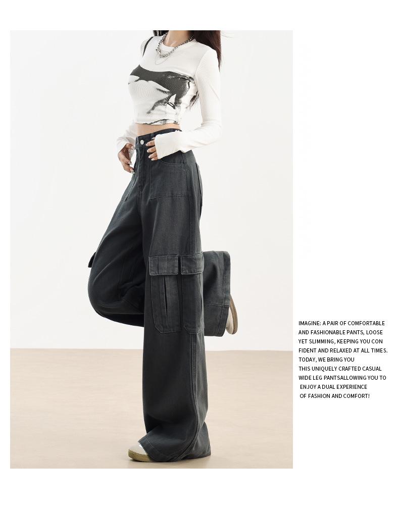 Women's High-Waist Fleece-Lined Wide-Leg Jeans, Retro Workwear Style for Autumn/Winter 2024