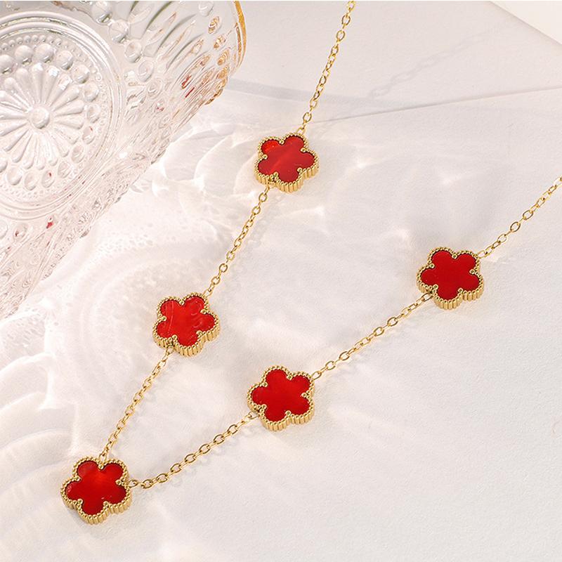 Collier en Acier Inoxydable Plaqué Or 14K Femme Cinq Pétales de Feuille Colliers Double Face pour Femmes Pendentif Fleur Trèfle Bijoux