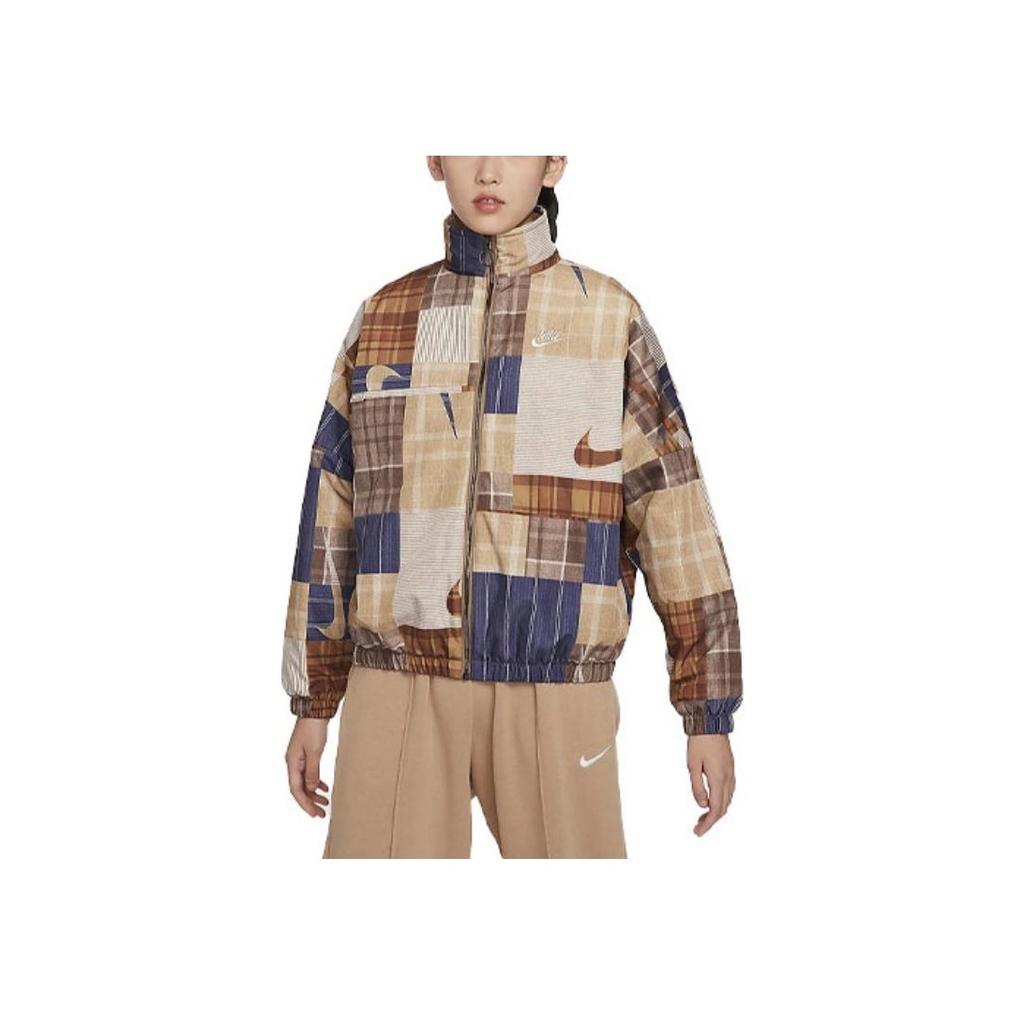 Nike Sportswear Plaid Patchwork Loose Stand Collar Long Sleeve Cotton Jacket Women Jackets Dark-Fossil-Brown FV3975-282