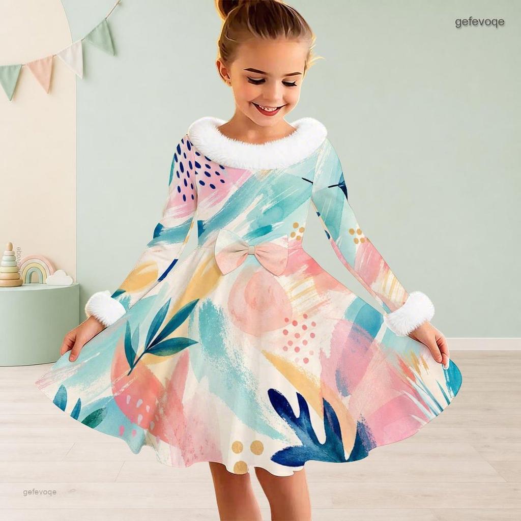 Girls Long Sleeve Faux Fur Collar Abstract Printed A Line Flared Dress With Waist Bow