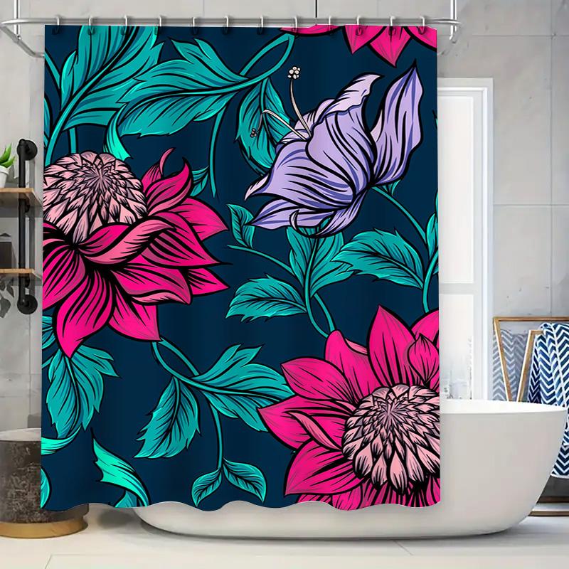 

Floral Strawberry Bath Shower Curtain Set Bright Pink White Black Floral Print Waterproof Fabric Washable Decorative Home Bathin W60H190(CM)-1 Pcs