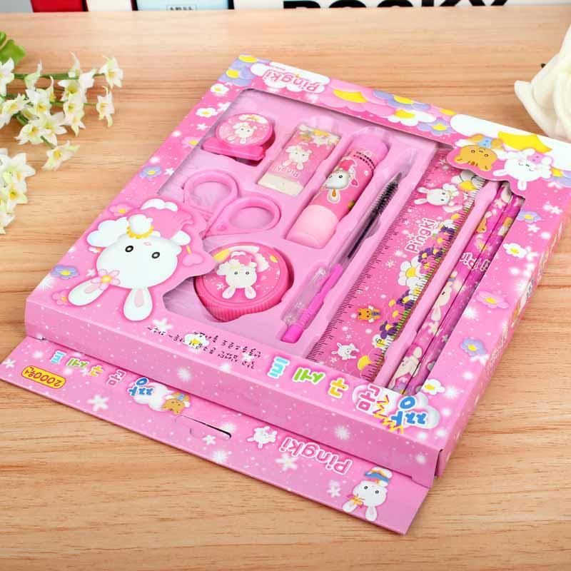 9pcs Cartoon Stationery Gift Set Ruler+ Pen +Pencil Sharpener+Scissors+Clips+ Eraser+Glue Kids School Supplies Prize Box