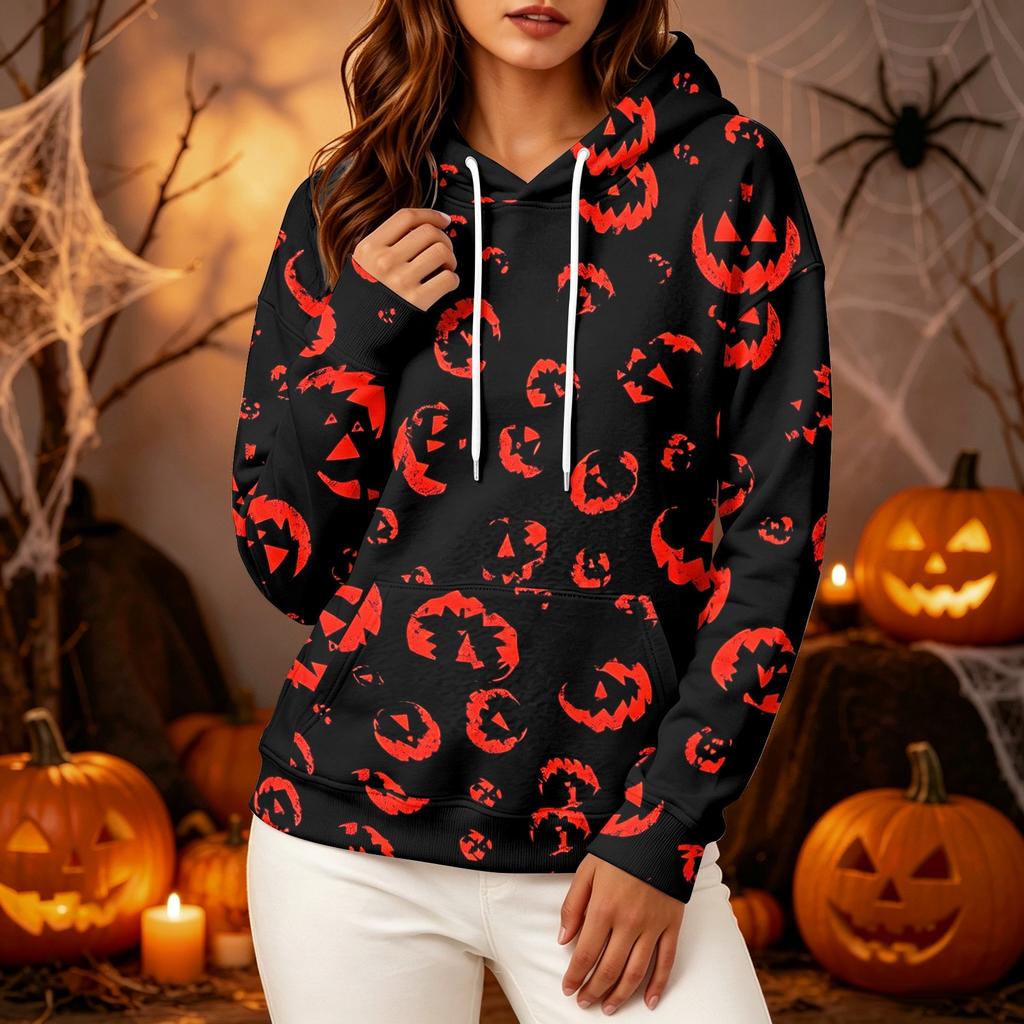 Women's fashionable long-sleeved Halloween print hooded pullover hoodie top
