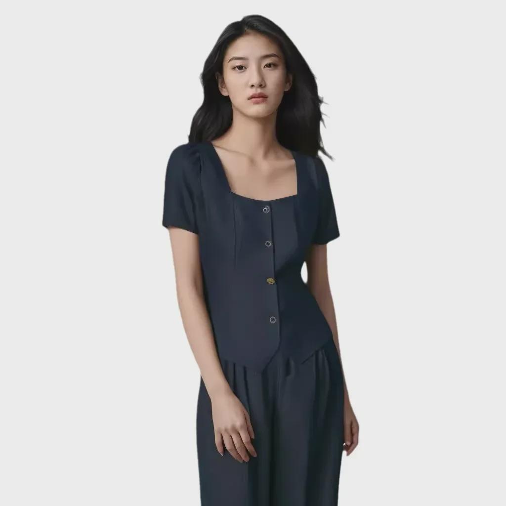 [In Stock] Plus Size Women's Retro Denim-Look Top & Wide-Leg Pants Summer Slimming Set 6160