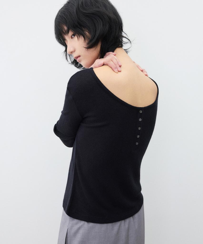 SUARE WOMEN Wool Waffle Two-Way Half Sleeve Black