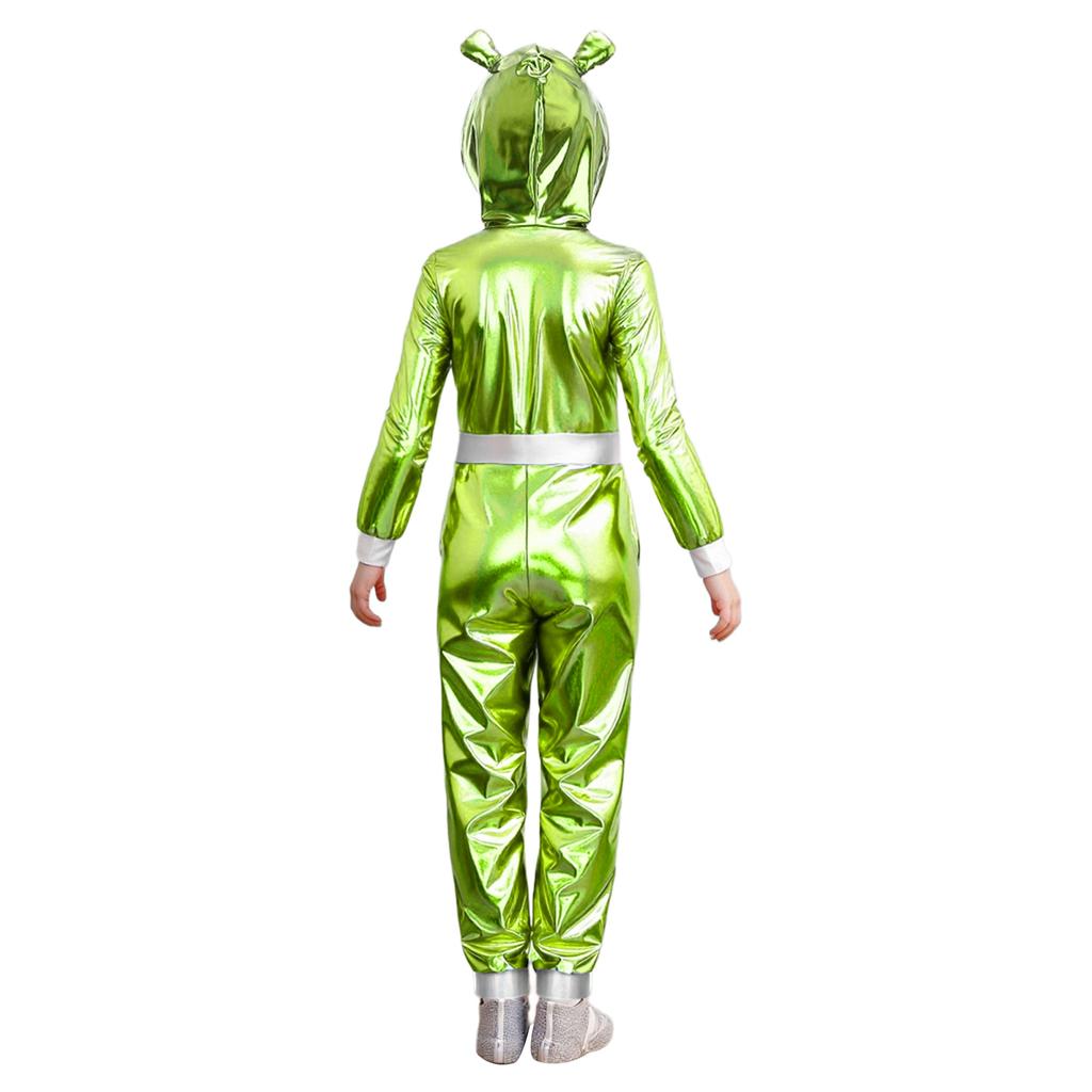Mädchen Alien Halloween Kostüm Metallischer Glanz Kapuze Langarm Reißverschluss Vorne Jumpsuit Kostümparty Outfit